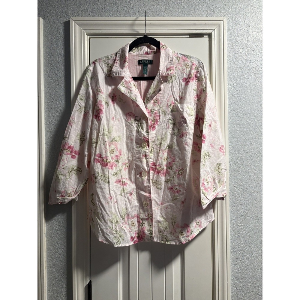 Lauren Ralph Lauren Pajama Top Womens XL Pink Floral Stripe Cotton Button Down